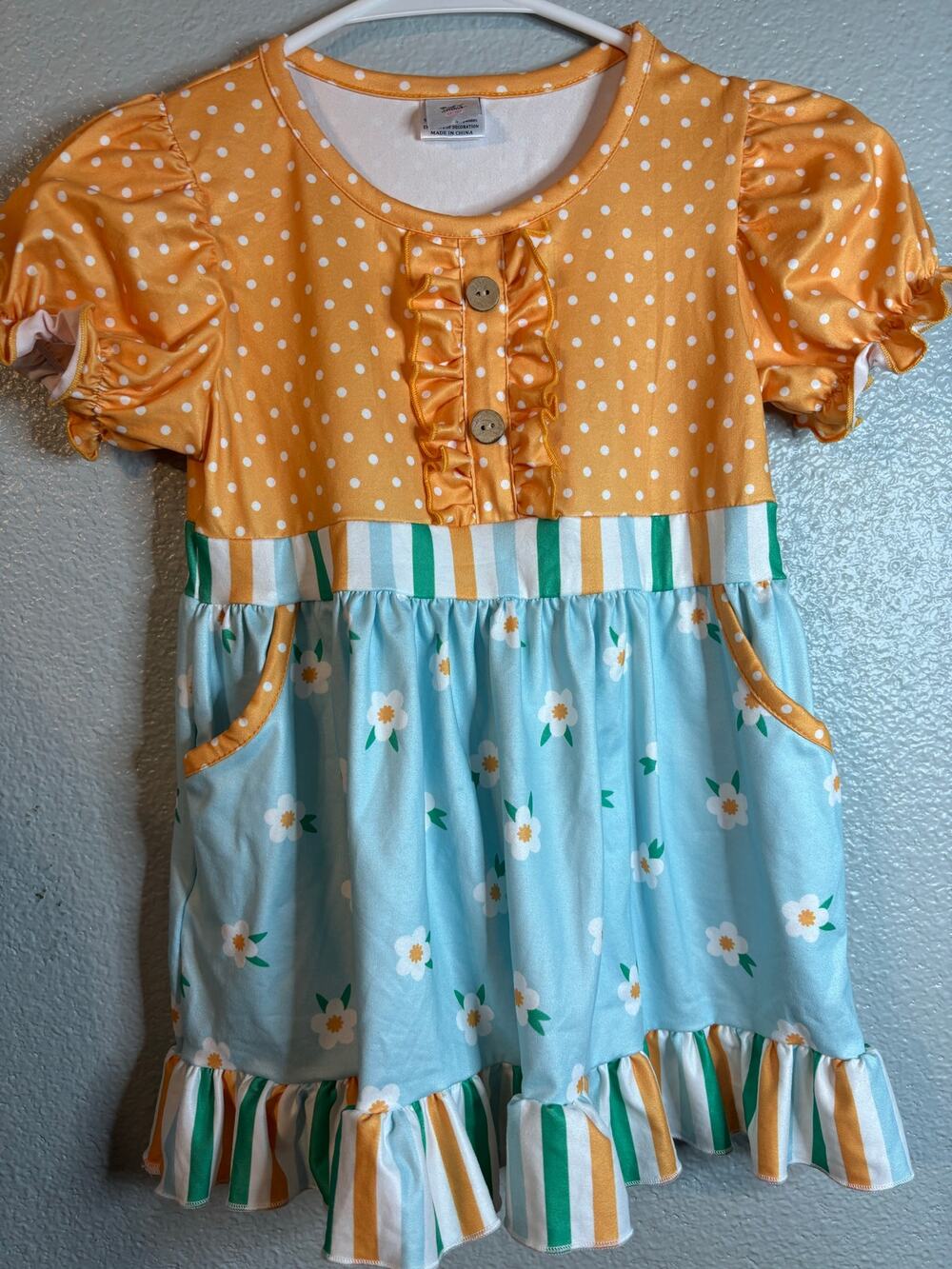 Dash of Glitter Golden & Teal Polka Dot Floral Ruffle Dress Girls Size 10
